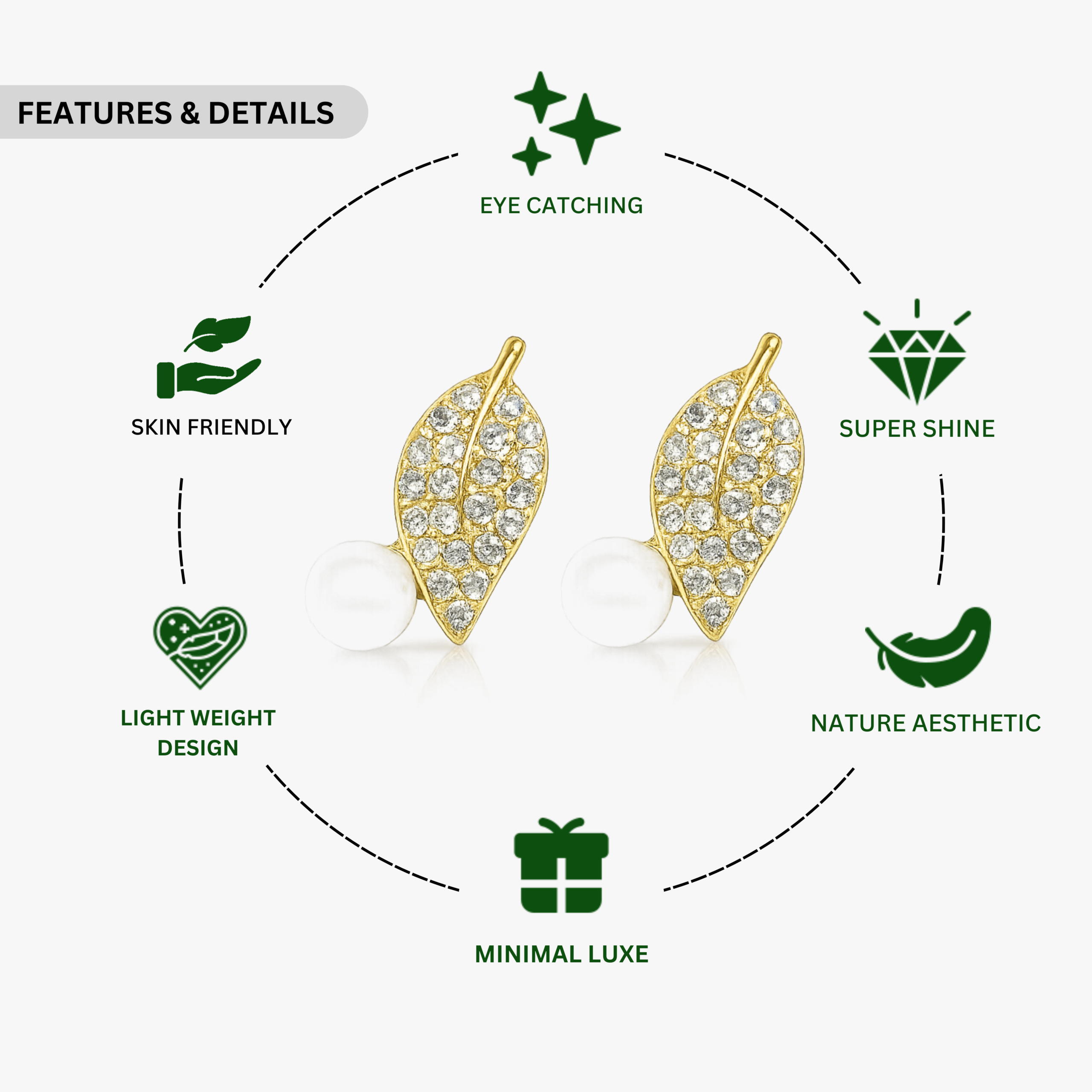 Pearl Leaf Design Gold Plated Stud Earrings - Image 2