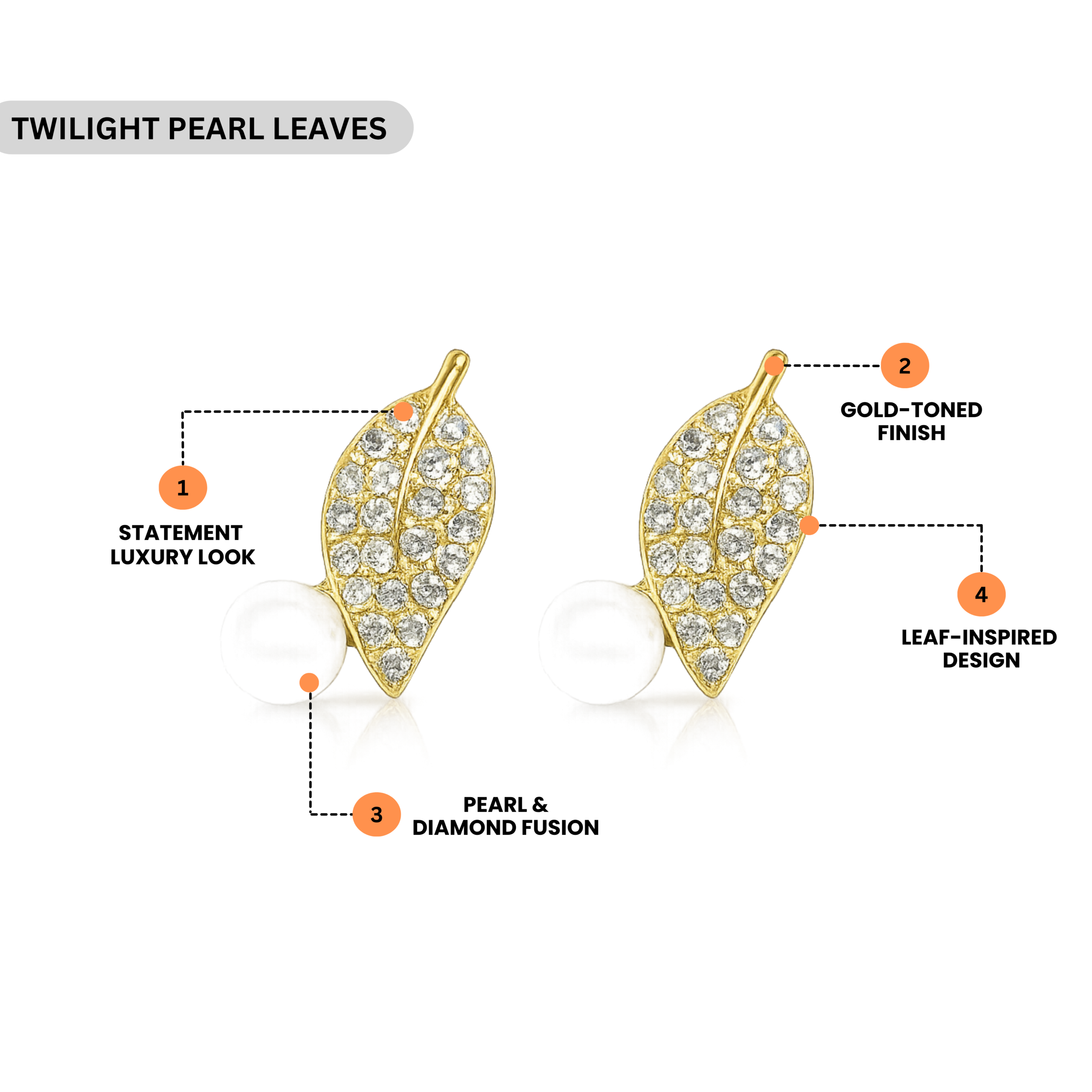 Pearl Leaf Design Gold Plated Stud Earrings - Image 3
