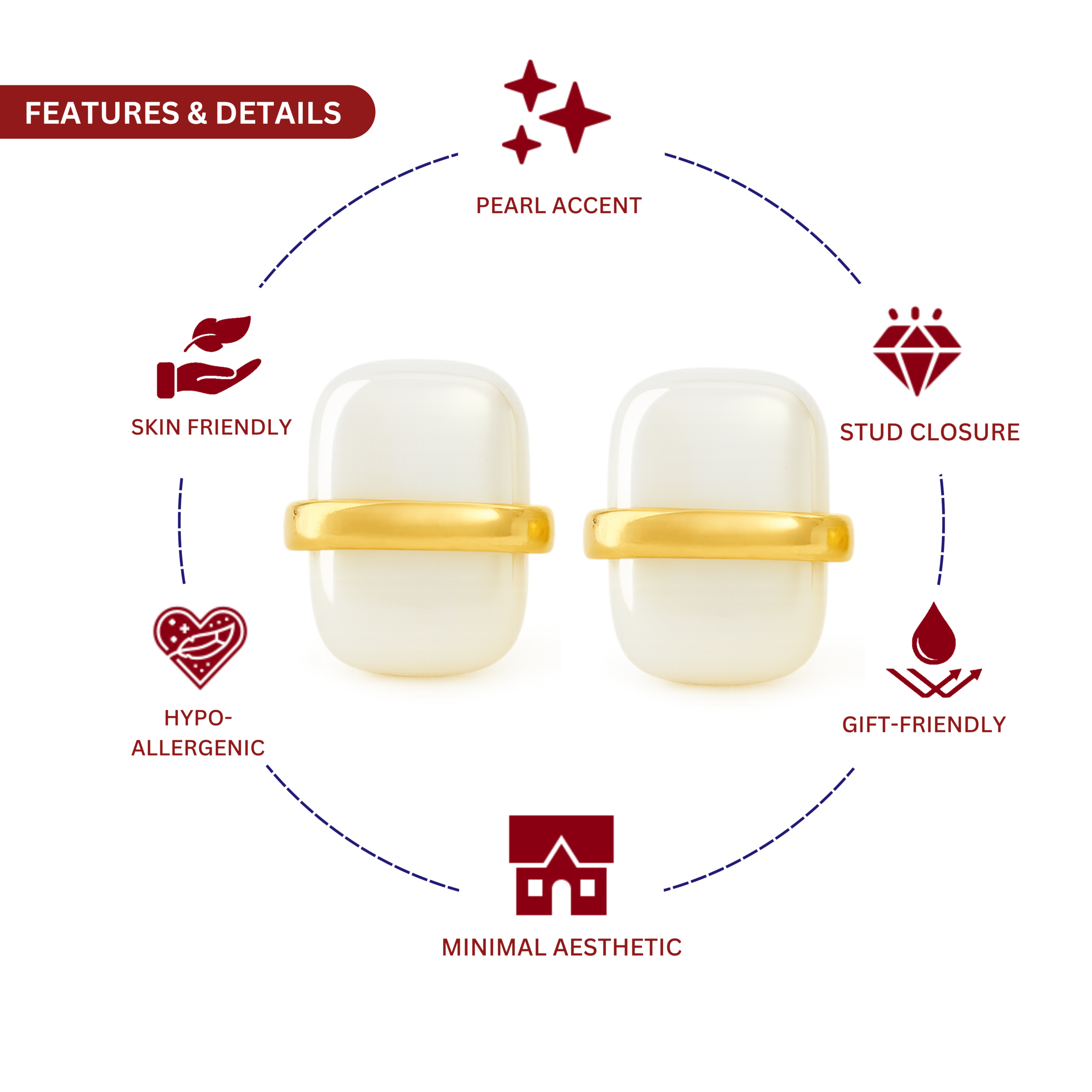 Pearl Rectangle Design Gold Plated Stud Earrings - Image 2